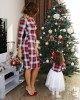 Round Neck Long Sleeve Plaid Tulle Stitching Mom Girl Matching Dress -13121