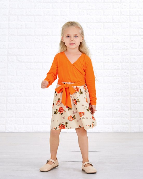 Sweet V-neck Long Sleeved Stitching Flower Orange Mom Girl Matching Dress