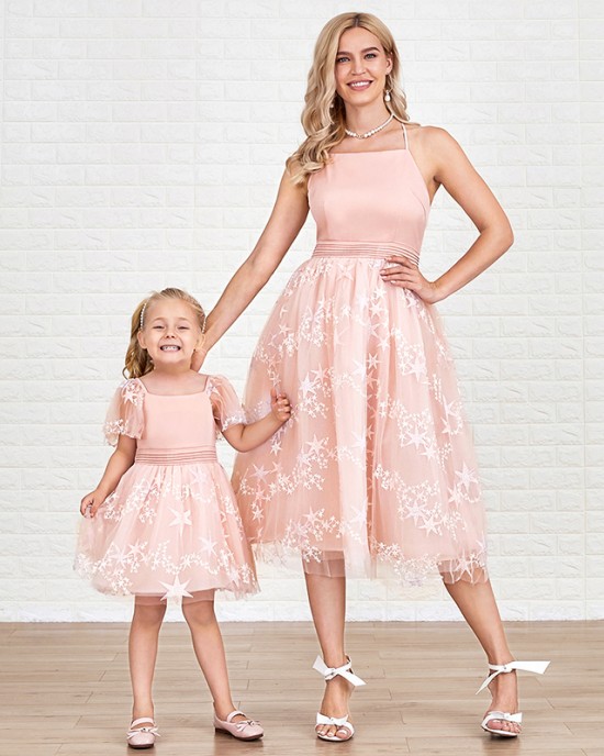 Sweet Embroidered Pink Mesh Mom Girl Matching Dress - 1333