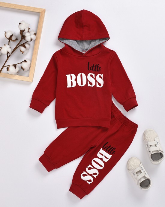 【12M-7Y】Boys Letter Print Hooded Long Sleeve Sweatshirt And Pants Set - 3488