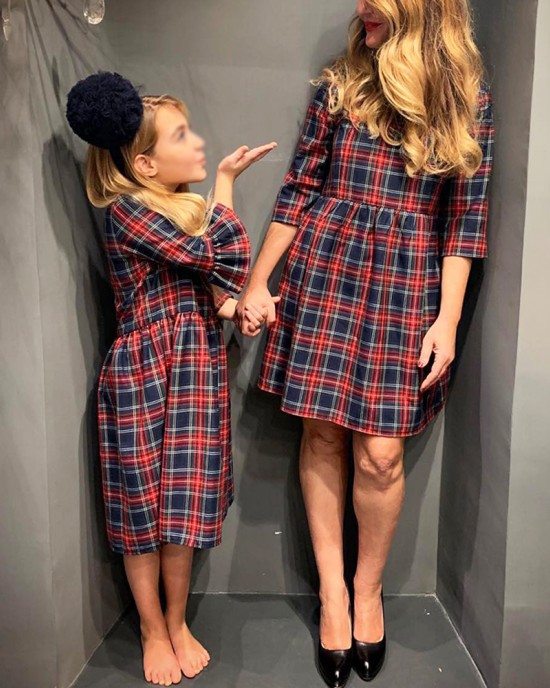 Long Sleeve Blue Plaid Mom Girl Matching Dress