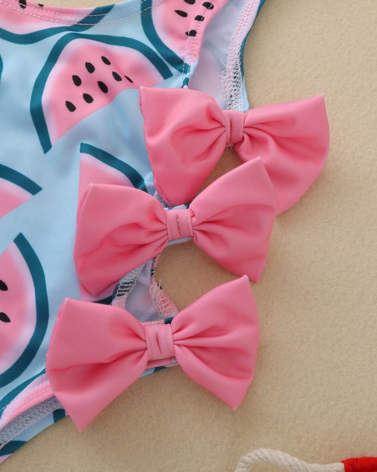 【6M-5Y】Cute Watermelon Print Bow Swimsuit