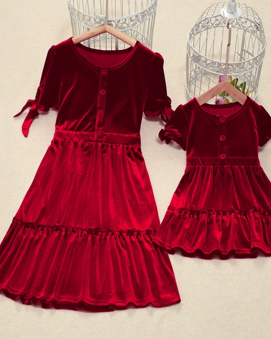 Fashion Round Neck Short Sleeve Red Velvet Mom Girl Matching Dress