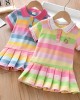 【18M-7Y】Girls Rainbow Striped Bunny Embroidered Short Sleeve Dress - 33145