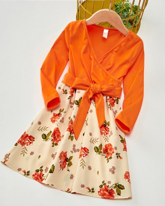 Sweet V-neck Long Sleeved Stitching Flower Orange Mom Girl Matching Dress