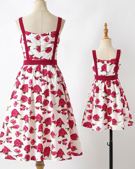 Sweet Rose Red Flower Mom Girl Matching Dress