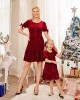 Fashion Round Neck Short Sleeve Red Velvet Mom Girl Matching Dress