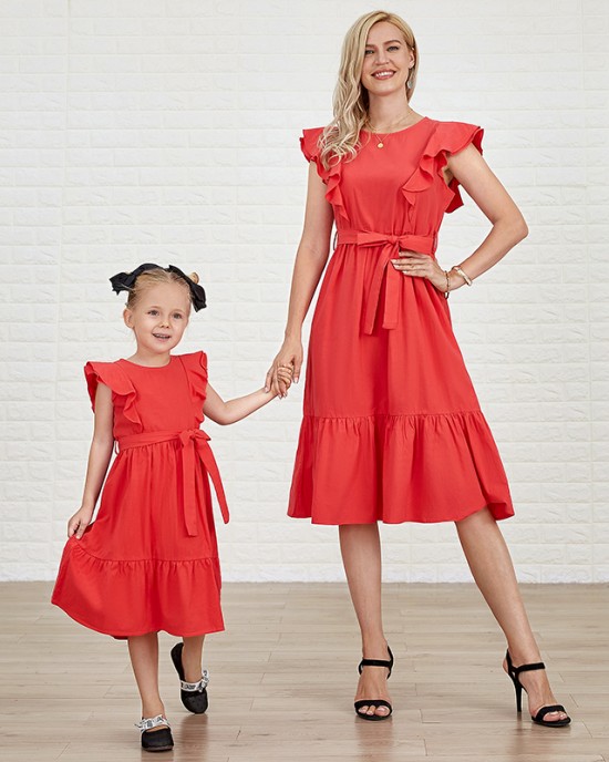 Cotton Solid Color Midi Mom Girl Matching Dress - 1362