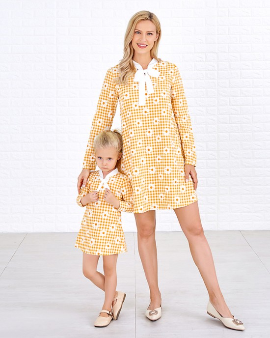 Sweet Long Sleeved Yellow Plaid and Flower Print Mom Girl Matching Dress