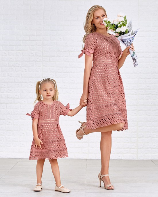 Pure Color Hollow Out Short Sleeve Mom Girl Matching Dress - 1357