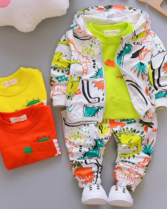 【12M-4Y】Boys Fashion Dinosaur Pattern Sweatshirt Jacket Pants Three-piece Set