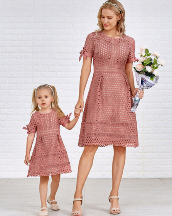 Pure Color Hollow Out Short Sleeve Mom Girl Matching Dress - 1357