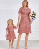 Pure Color Hollow Out Short Sleeve Mom Girl Matching Dress - 1357