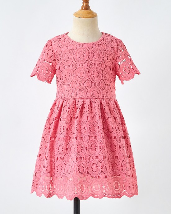 Sweet Pink Lace Short Sleeve Mom Girl Matching Dress - 13130