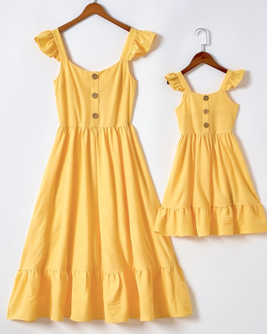 Sweet Yellow Ruffled Mom Girl Matching Dress - 1319