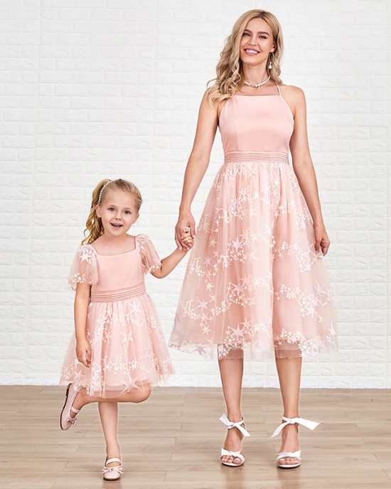 Sweet Embroidered Pink Mesh Mom Girl Matching Dress - 1333