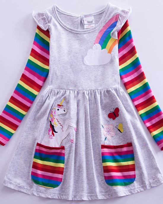 【3Y-8Y】Girl Sweet Rainbow Unicorn Pattern Long Sleeve Dress