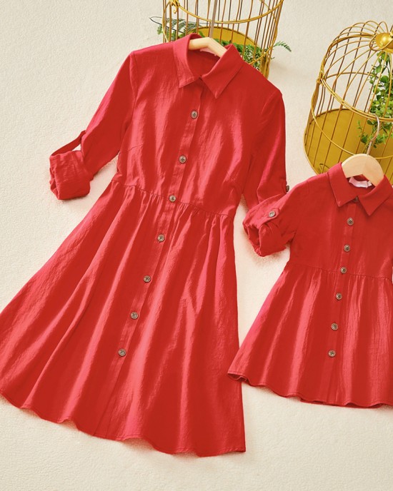 Sweet Red Cotton Blend Lapel Long Sleeves Mom Girl Matching Dress - 1390