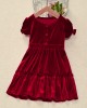 Fashion Round Neck Short Sleeve Red Velvet Mom Girl Matching Dress