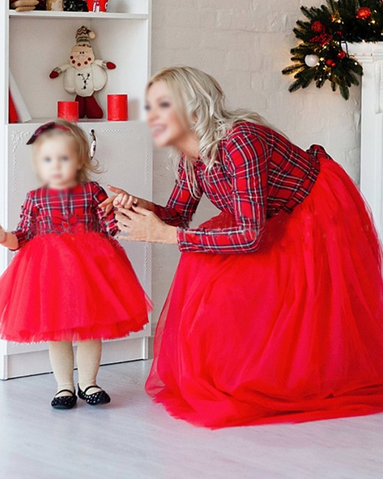 Christmas Red Plaid Mesh Stitching Mom Girl Matching Dress - 13202