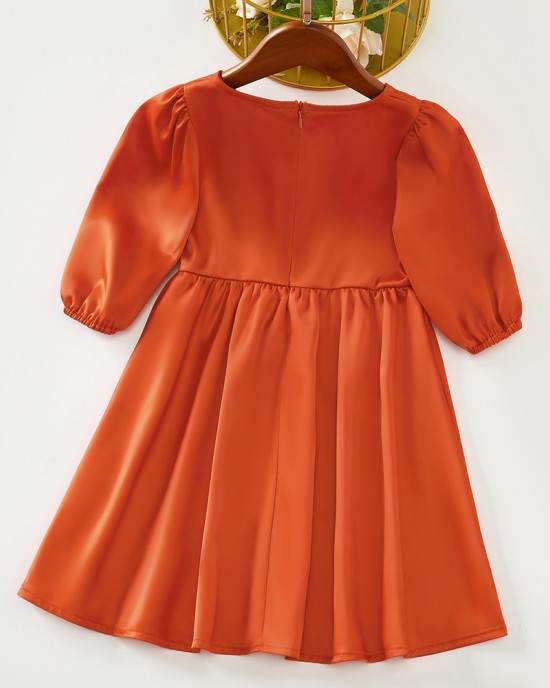 Sweet Orange Satin Round Neck Mom Girl Matching Dress