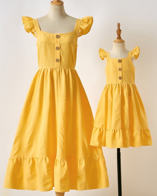 Sweet Yellow Ruffled Mom Girl Matching Dress - 1319