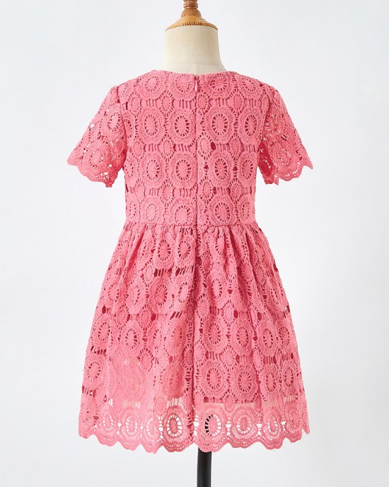 Sweet Pink Lace Short Sleeve Mom Girl Matching Dress - 13130