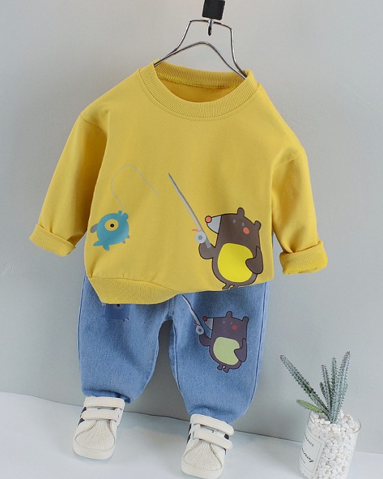 【12M-5Y】Boys Cartoon Print Long Sleeve Sweatshirt And Denim Pants Set