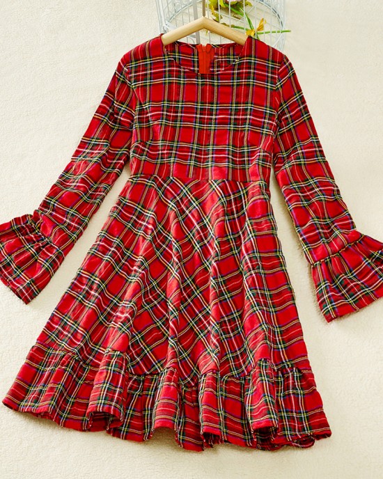 Red Plaid Flared Sleeve Mom Girl Matching Dress - 13121