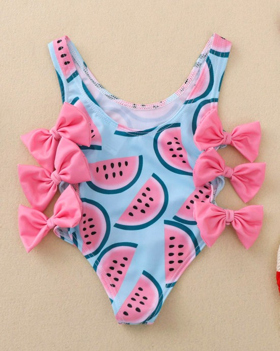 【6M-5Y】Cute Watermelon Print Bow Swimsuit