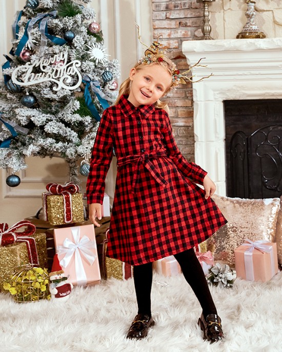 Classic Red Plaid Cotton Blends Long Sleeve Mom Girl Matching Dress - 1159