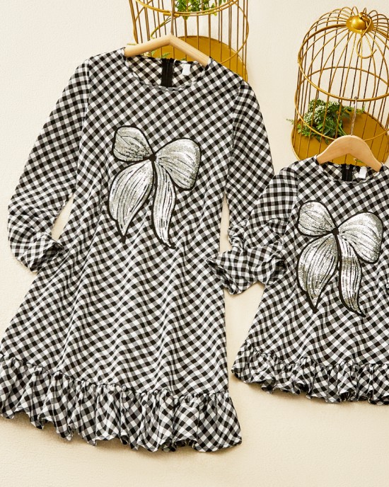 Sweet Black And White Plaid Sequined Bow Patch Round Neck Long Sleeves Mom Girl Matching Dress