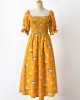 Sweet Flower Print Square Neck Puff Sleeve Yellow Mom Girl Matching Dress