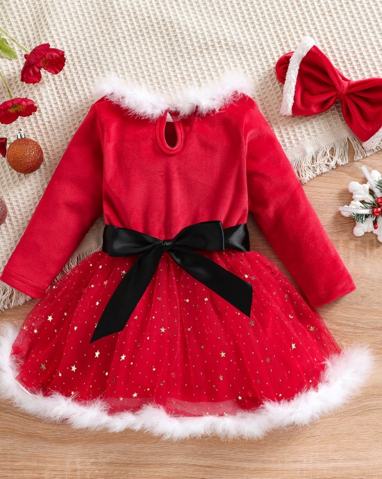 【18M-7Y】Girl Sweet Christmas Star Mesh Red Dress With Headband - 33228