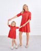 Sweet Red Cotton Blend Lapel Long Sleeves Mom Girl Matching Dress - 1390