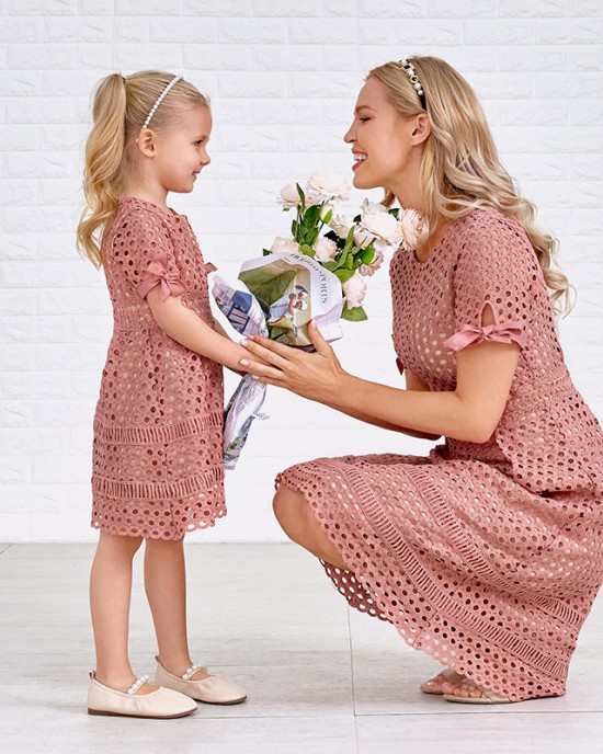 Pure Color Hollow Out Short Sleeve Mom Girl Matching Dress - 1357