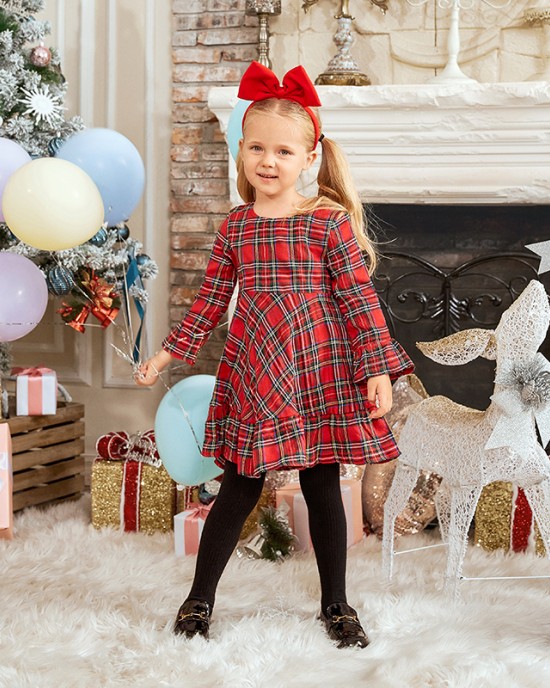 Red Plaid Flared Sleeve Mom Girl Matching Dress - 13121