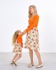 Sweet V-neck Long Sleeved Stitching Flower Orange Mom Girl Matching Dress