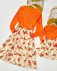 Sweet V-neck Long Sleeved Stitching Flower Orange Mom Girl Matching Dress