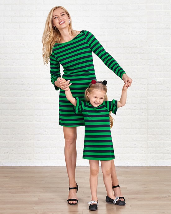 Casual Green Knitted Striped Round Neck Long Sleeves Mom Girl Matching Dress