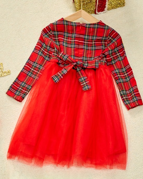 Christmas Red Plaid Mesh Stitching Mom Girl Matching Dress - 13202