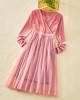 Classic Pink Velvet Mesh Long Sleeves Mom Girl Matching Dress - 13113