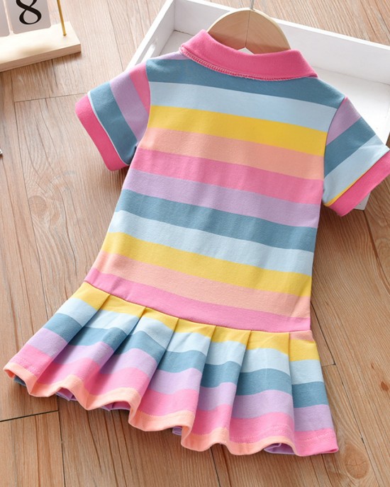 【18M-7Y】Girls Rainbow Striped Bunny Embroidered Short Sleeve Dress - 33145