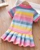 【18M-7Y】Girls Rainbow Striped Bunny Embroidered Short Sleeve Dress - 33145