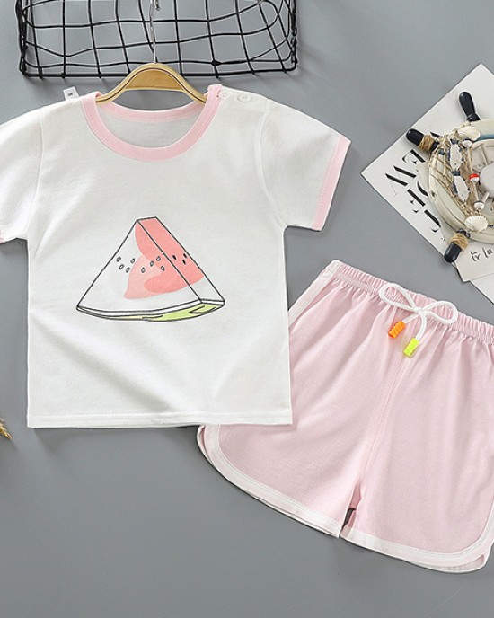 【6M-5Y】Boys Round Neck Short Sleeve Cartoon Print Suit