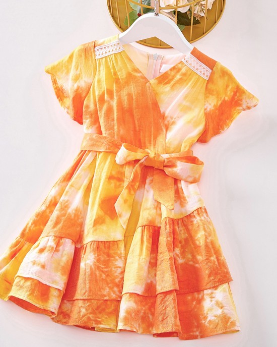 Sweet Orange Tie-Dye V-Neck Short Sleeve Mom Girl Matching Dress - 13109