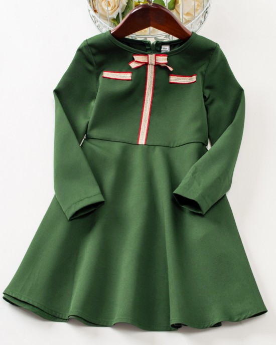 Elegant Golden Ribbon Green Long-sleeved Mom Girl Matching Dress - 13168