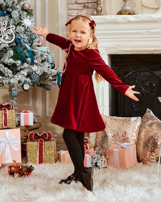 Classic Red Velvet Long Sleeves Mom Girl Matching Dress