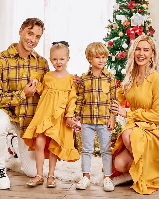 Long Sleeved Plaid Shirt And Yellow Ruffled High-low Dress Family Matching Outfits