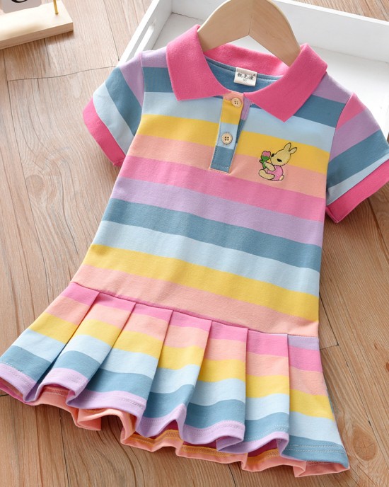 【18M-7Y】Girls Rainbow Striped Bunny Embroidered Short Sleeve Dress - 33145